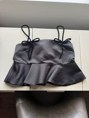Ganni Black Satin Peplum Camisole with Bow-Tie Straps